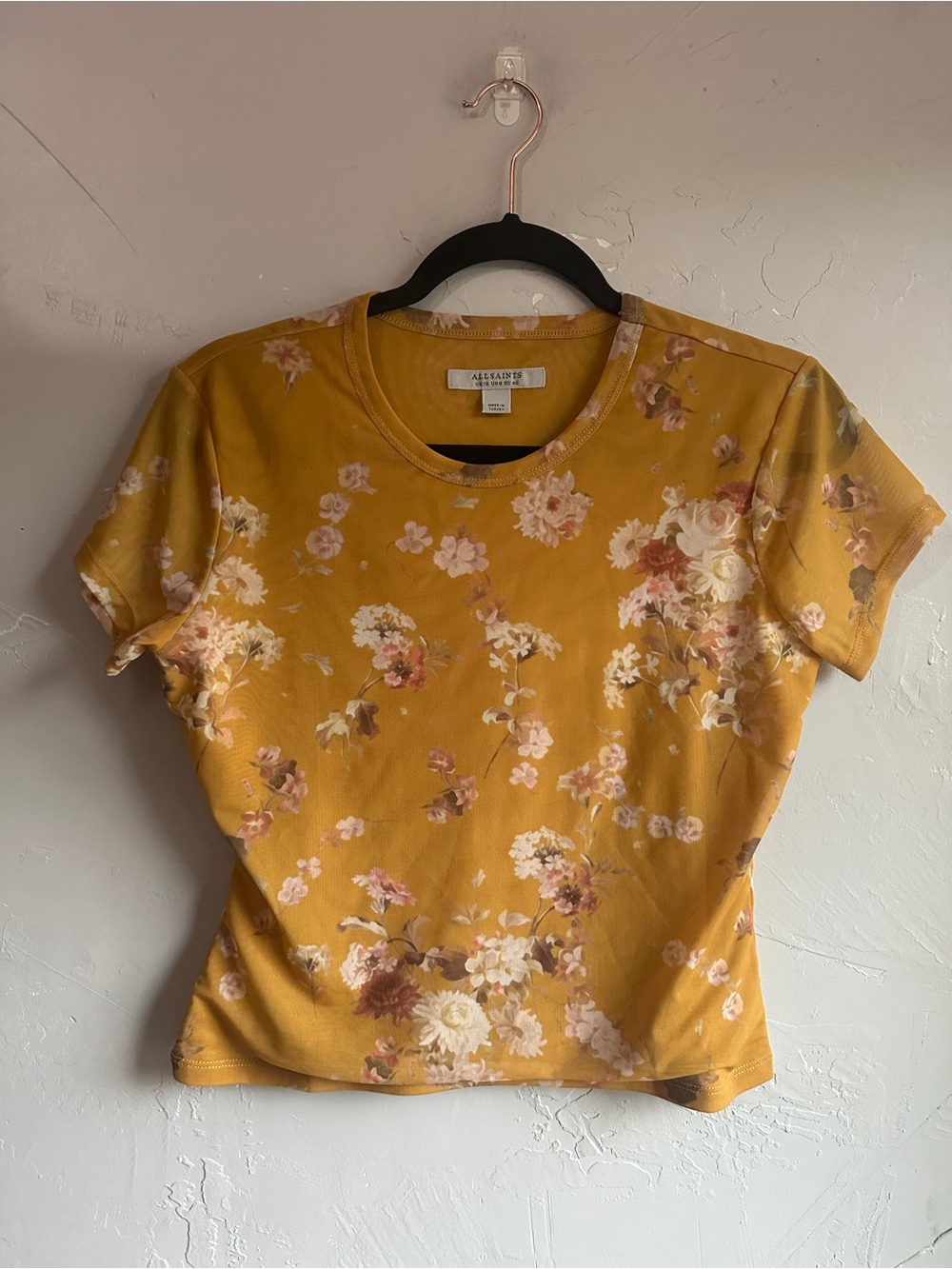 AllSaints Ellie Top Floral Mesh Mustard Yellow Y2K 90s Romantic Fitted Tee Sz 8
